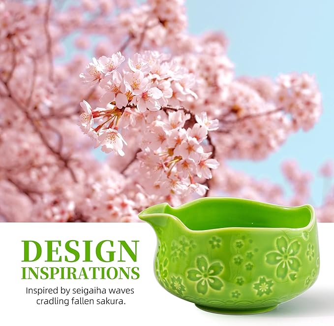 TEANAGOO 7-PCS Green Matcha Whisk Set with Cherry Blossom Design, Complete Ceremony Kit, Ceramic Chawan Bowl with Spout, Whisk & Accessories, Traditional Matcha Tea Set for Lattes& Gift Giving - Bloomnest
