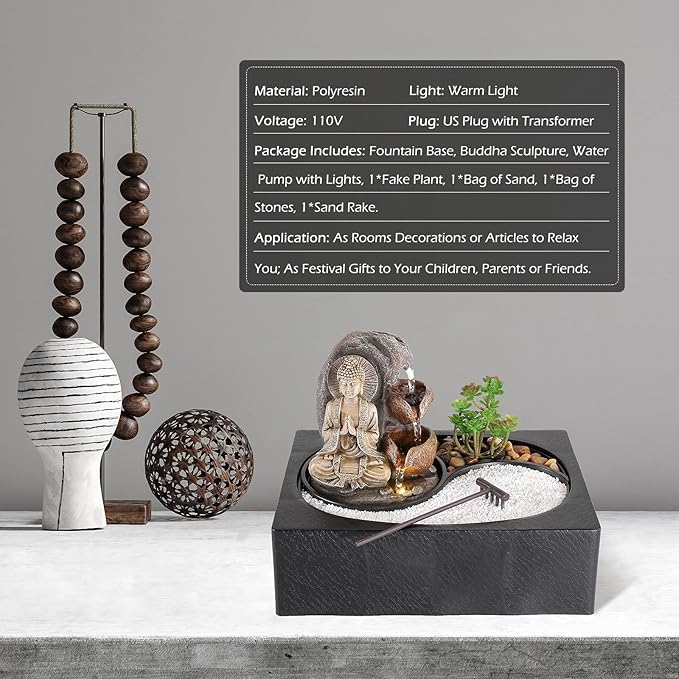 Dyna-Living Water Fountain - Indoor Small Tabletop Waterfall with Zen Garden, LED Warm Light Buddha Fountain for Home Zen Room Decor