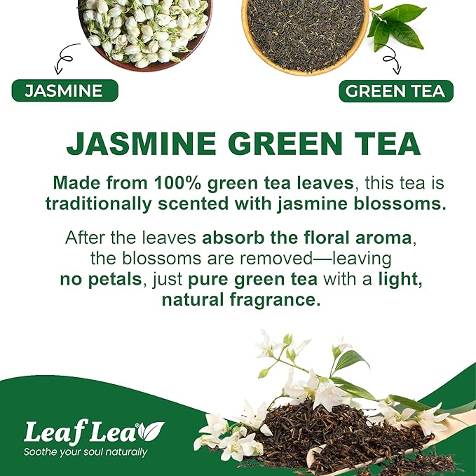 LeafLea 40 Jasmine Green Tea Bags, Premium Green Tea Scented with Jasmine Flowers for Gentle Support & Light Alertness, Floral Smoothness, Caffeinated, Sugar-Free, Non-GMO, Vegan, Individually Wrapped - Bloomnest