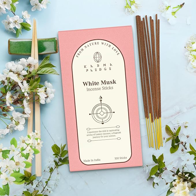 White Musk Incense Sticks, Organic Hand Dipped 100 Sticks with Natural Herbs & Aromatic Ingredients, Burn Time 45 to 60 Minutes, Incense for Positivity, Yoga, Meditation, Relaxation, Spiritual Gift KARMAPLEDGE