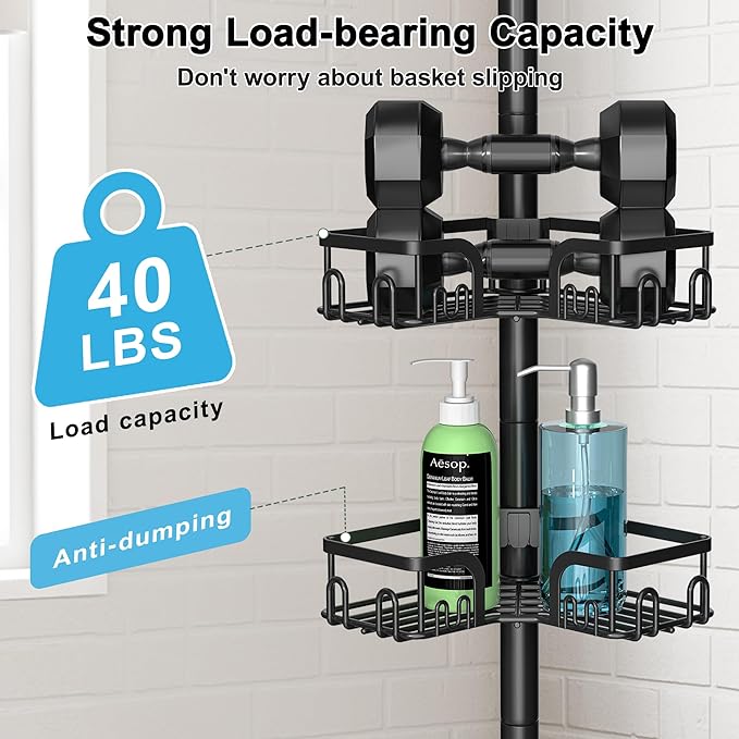 Corner Shower Caddy Tension Pole 4 Tier Adjustable Stainless Steel Shower Shelf for Inside Shower Bathtub Shampoo,Standing Bathroom Organizer Shelves with 39 to 113 inch Height - Bloomnest
