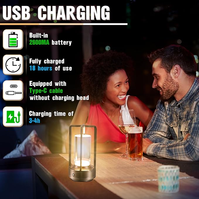 Portable Metal Table Lamp,Cordless Table Lamp, Rechargeable Battery Operated Lights, LED Table Lamps, 3 Color Stepless Dimming Touch, for Bedroom Restaurant Home Outdoor (Sliver) - Bloomnest
