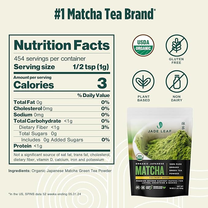 Jade Leaf Matcha Organic Premium Ceremonial Grade Matcha Green Tea Powder - Japanese - Culinary, Ingredient, Ceremonial Barista Teahouse, Latte, Collagen, 16 Ounce (Pack of 1), Culinary - Bloomnest