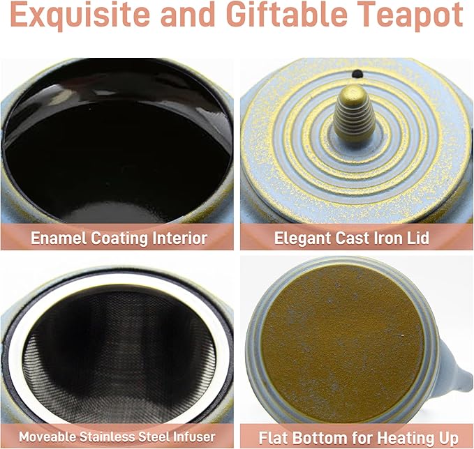 Japanese Teapot with Stainless Steel Infuser for tea, Cast Iron Tea Kettle for Stovetop Safe, Cast Iron Teapot Coated with Enameled Interior(33.8oz/1000ml)