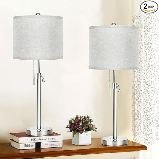 Brushed Nickel Table Lamps Set of 2: 22" to 30" Height Adjustable Nightstand Lamps with Grey Linen Shade Pull Chain Switch Silver Pole Beside Lamp for Living Room Bedroom (Brushed Nickel,Grey Shade) - Bloomnest