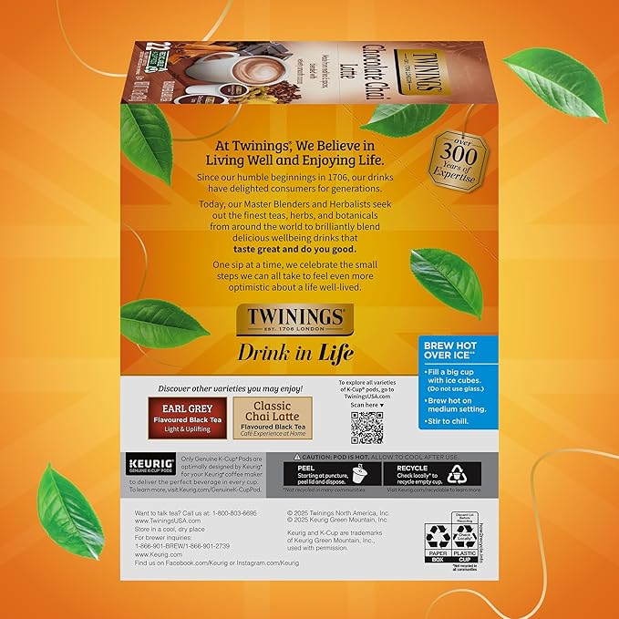NEW Twinings Chocolate Chai Latte Tea K-Cup Pods for Keurig, 22 Count (Pack of 1), Velvety Smooth Cocoa with Real Spiced Tea, Caffeinated, Enjoy Hot or Iced - Bloomnest