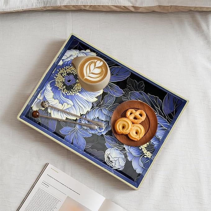Serving Tray with Handles, 15.7 * 11.8 inches, Plastic Ottoman Tray with Exquisite Paintings, Trays for Coffee Table - Bloomnest