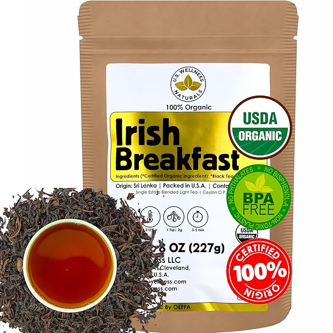 U.S. Wellness Naturals Irish Breakfast Tea, SMOOTH, RICH & WELL-ROUNDED loose leaf tea, 110+ cups, 8oz, 100% ORGANIC CEYLON (2 Estate Blend), fresh new harvest, OP grade tea - Bloomnest