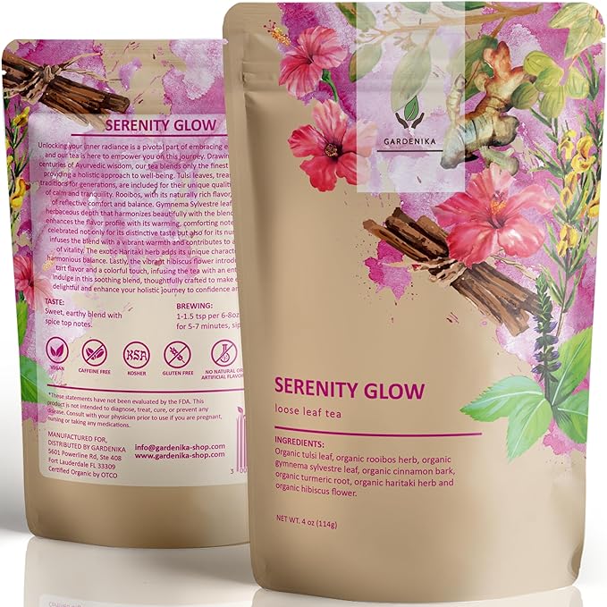 Gardenika Organic Serenity Glow Loose Leaf Tea, Herbal, Caffeine-Free, KSA Kosher, Ayurvedic Wellness Blend with Tulsi, Rooibos, Turmeric, Hibiscus – 4 oz (1 Pack) - Bloomnest