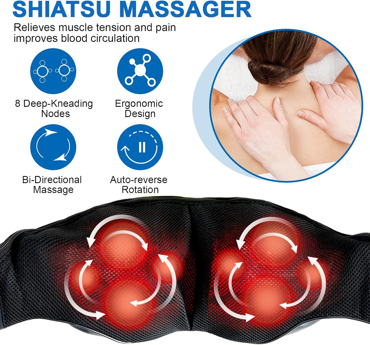 Neck and Shoulder Massager with Heat Shiatsu Back Massage Pillow with 3D Deep Tissue Kneading for Foot, Legs, Body Muscle Pain Relief, Use at Home, Office & Car