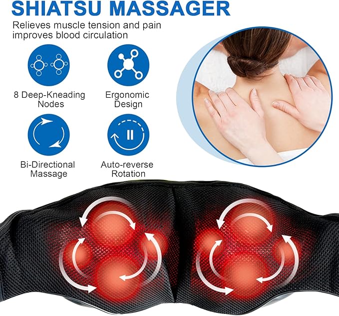 Neck and Shoulder Massager with Heat Shiatsu Back Massage Pillow with 3D Deep Tissue Kneading for Foot, Legs, Body Muscle Pain Relief, Use at Home, Office & Car - Bloomnest