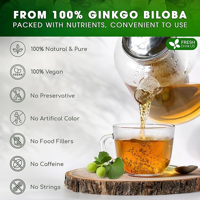 FreshDrinkUS, Premium 30 Ginkgo Biloba Leaf Tea Bags, 100% Natural & Pure from Ginkgo Biloba Leaves. Loose Leaf Herbal Tea. Made with Eco-Conscious Tea Bags. No Sugar, No Caffeine, No Gluten, Vegan. - Bloomnest