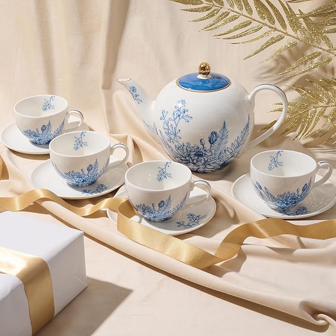 Tea Sets for Women Gift, Blue Porcelain Tea Set, 37 oz Large Teapot Set with Infuser,Tea Cups and Saucers for 4 in European Style, Tea Gift Sets for Holidays - Bloomnest