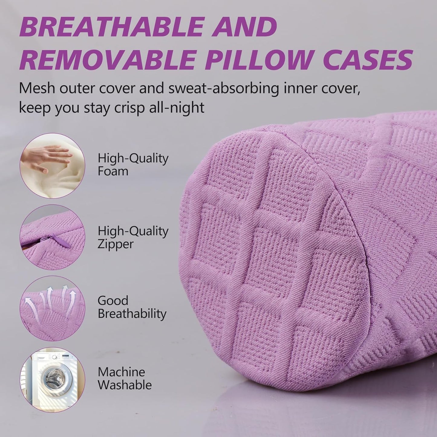 Cozyhealth Cervical Roll Pillow, Medium Soft Memory Foam Neck Round Pillow Cylinder Bolster Pillow for Sleeping, Round Neck Support for Bed, Legs, Back and Yoga (Purple, Large - 4.7" H)