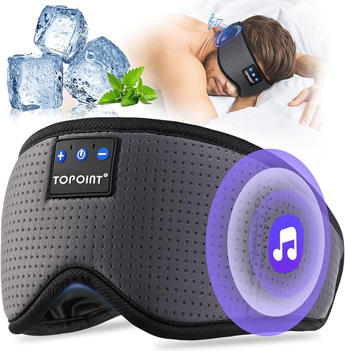 TOPOINT Sleep Mask with Bluetooth Headphones, Breathable Silk Eye Mask for Sleeping Men Women, Bluetooth Sleep Mask Blackout with Speakers, Microphone Handsfree, USB C for Travel Meditation Gifts - Bloomnest