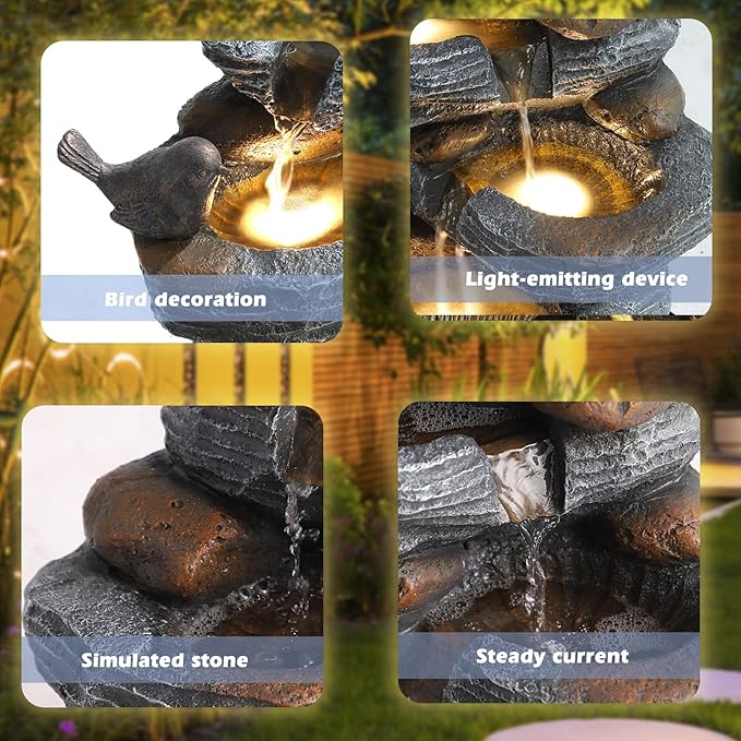 Grepatio Outdoor Water Fountain 5 Tier Cascading Rock Waterfalls Fountains with 4 LED Lights and Pump Indoor/Outdoor Modern Floor Standing Garden Water Fountain for Yard, Patio, House Decor - Bloomnest