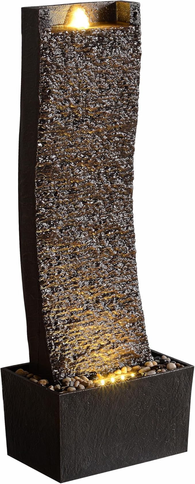 38.2in. Indoor/Outdoor Water Fountain with LED Lights – Vintage Rock Design and Relaxing Waterfall Feature for Home, Garden, or Office (Curved Slate Stone)