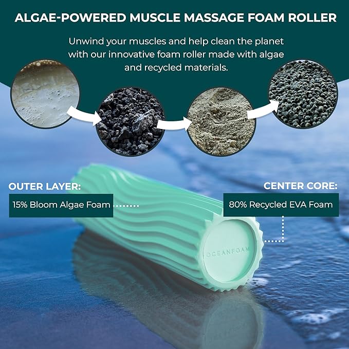 Oceanfoam Ripple Travel Foam Roller (11" x 3.35") Firm Mini Foam Roller for Physical Therapy, Deep Tissue Massage, Back Pain - High Density, Ergonomic Wave Textured - Yoga, Pilates, Exercise (Seafoam) - Bloomnest