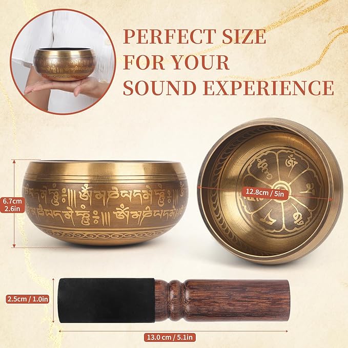 AKLOT HandMade Meditation Singing Bowl: Tibetan Sound Bowl Set with Pure Tone, Sound Bath Bowl with Cushion, Mallet, Carry Bag, Spiritual Gift for Chakra Clearing, Yoga, Prayer, Relaxation (5 Inch)