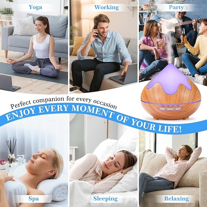 500ML Essential Oil Diffuser, Aromatherapy Diffuser with Remote Control, Multifunctional Air Diffusers for Home Office Room, Fragrance Aroma Diffuser with 7 Color LED & 2 Mist Mode, Light Brown - Bloomnest