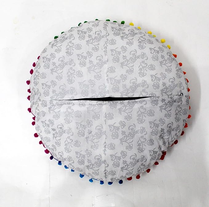CRAFT KALA Large Round Bohemian Floor Pillow Pouf Cover Mandala Meditation Room Pillow Cover for Adults Boho Seating Poufs Cushion Cover for Kids Playroom 32" Round Silver Flower - Bloomnest