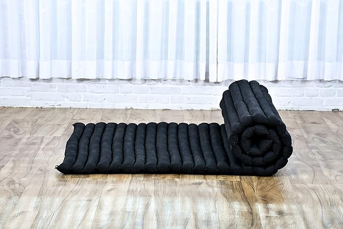 Leewadee - Kapok Roll Mat – Handcrafted Folding Sleep & Relaxation Mattress from Thailand, Ideal as Guest Bed, Camping Mat, Yoga Mat or Traditional Futon, 75 x 39 inches, Black - Bloomnest