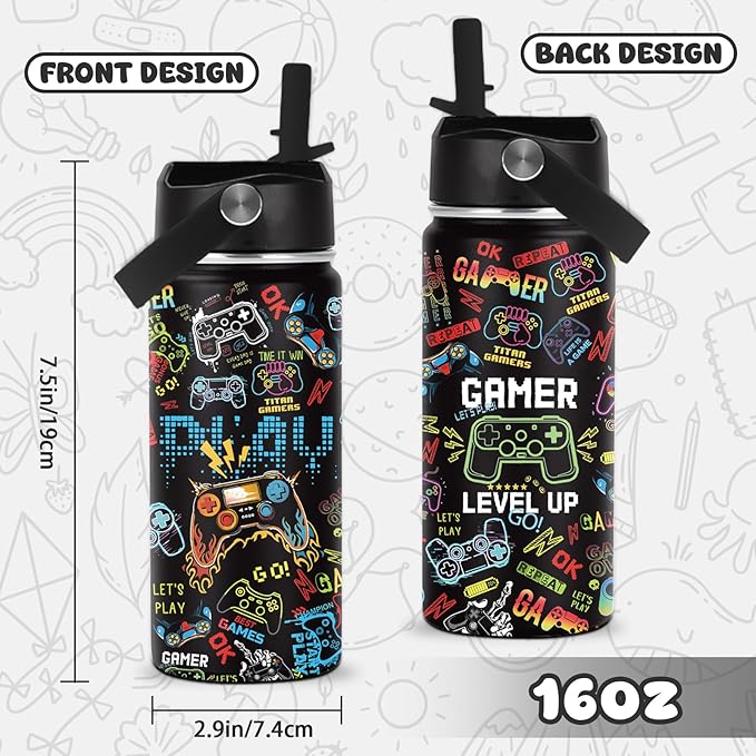 Gaming Gifts for Gamer Boys, 16oz Game Water Bottle for Kids, Gaming Controller Insulated Stainless Steel Tumbler, Birthday Gifts for Gamer Boys Kids Teen Adults Gamings Cup - Bloomnest