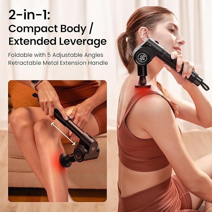 NAPRE Massage Gun with Heat,Deep Tissue Handheld Percussion Back Massager for Muscle/Neck/Body Pain Relief with Long Extension Retractable Handle,32-Speeds,Foldable,5 Adjustable Angles,with Carry Case - Bloomnest