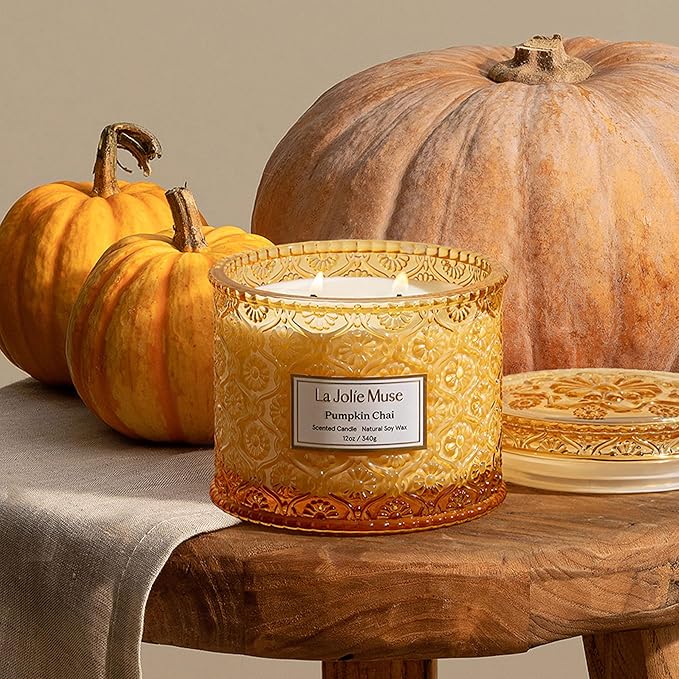 LA JOLIE MUSE Pumpkin Chai Candle | Spicy Chai & Vanilla | 12 oz Double Wick Soy Candle | 60 Hours Clean Burn | Elegant Home Décor & Hosting Gift - Bloomnest