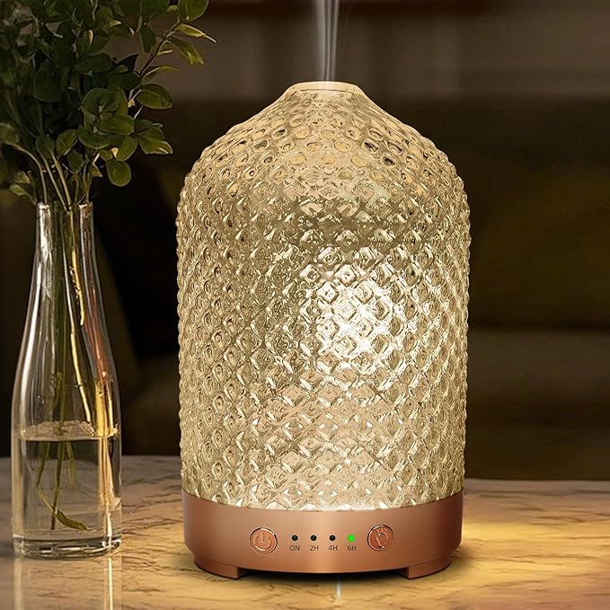 Essential Oil Diffuser 200ml-Ultrasonic Aroma Diffuser with 4 Timers, Aromatherapy Diffuser 7 Color LED Lights Auto Shut-Off Protection for Home Office (Diamond-Glass) EQUSUPRO