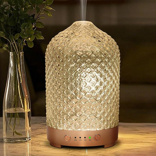 Essential Oil Diffuser 200ml-Ultrasonic Aroma Diffuser with 4 Timers, Aromatherapy Diffuser 7 Color LED Lights Auto Shut-Off Protection for Home Office (Diamond-Glass) EQUSUPRO