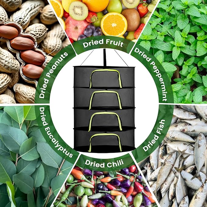 4 Layer 24" Herb Drying Rack Hanging with Garden Pruning Shears, Large Zipper, Hook & Notepad, Foldable Drying Rack for Herbs, Spices & Seasonings, Hanging Herb Dryer Indoor Outdoor - Bloomnest