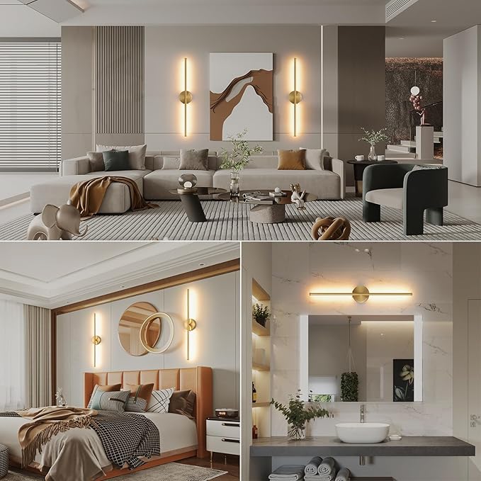 Wall Sconces Battery Operated Set of Two, Gold LED Wireless Wall Sconce with Remote Control 350° Rotate, 27.6 Inch Dimmable USB Rechargeable Wall Lights for Living Room Bedroom Hallway - Bloomnest