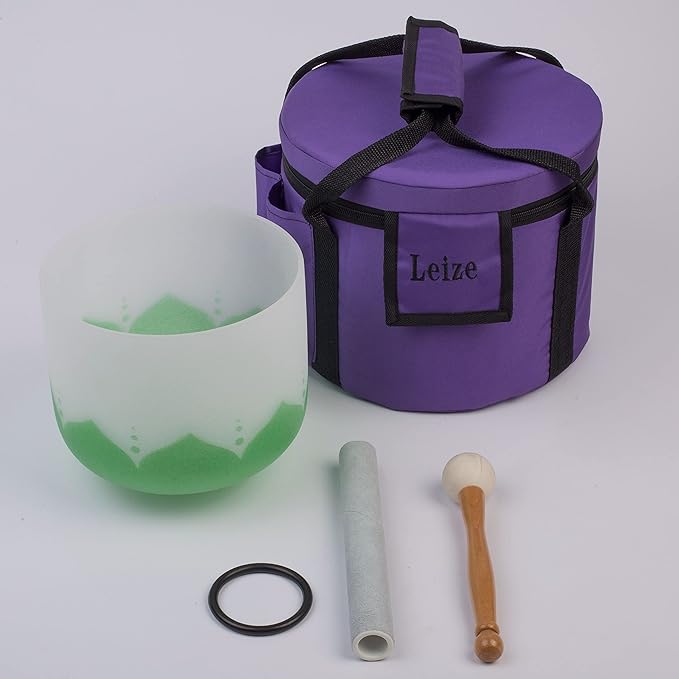 Leize Lotus Design Quartz Crystal Singing Bowl F Note 432 hz Heart Chakra White 10" with Heavy Duty Carrying Case Suede Striker