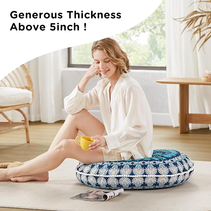 Codi Meditation Floor Pillow, Round Large Pillows Seating for Adults, Bohemian Mandala Circle Cushion for Outdoor Fireplace Yoga Living Room, 32 Inch, Memory Foam Added, Navy