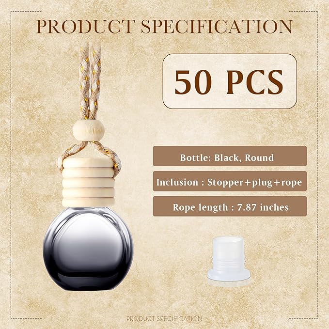 50 Pcs Hanging Car Air Freshener Black Car Diffuser Bottles Empty Glass Perfume Bottles Air Freshener Diffuser Bottle Pendant for Essential Oils Fragrance Aromatherapy Bottle Ornament (Round) - Bloomnest