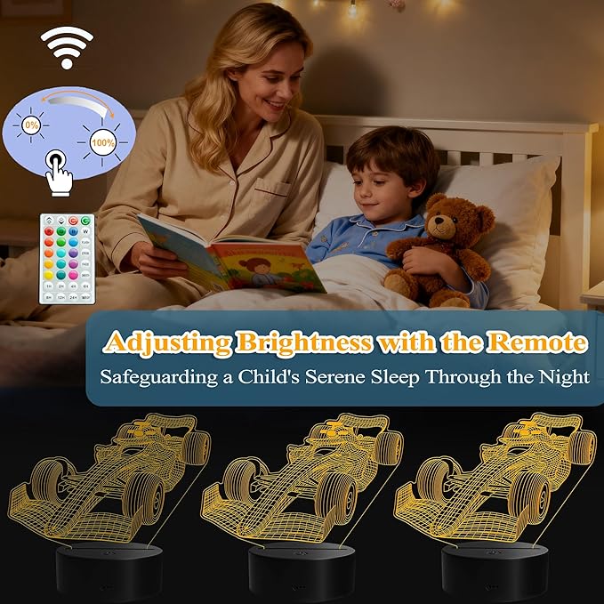 F1 Car Night Light, Formula One Gifts, 3D Illusion Lamp with Remote Control, 16 RGB Colors, 4 Flashing Modes, Timer, Dimmable, Men Boy Racing Car Gifts Room Decoration for Holiday Birthday Christmas - Bloomnest
