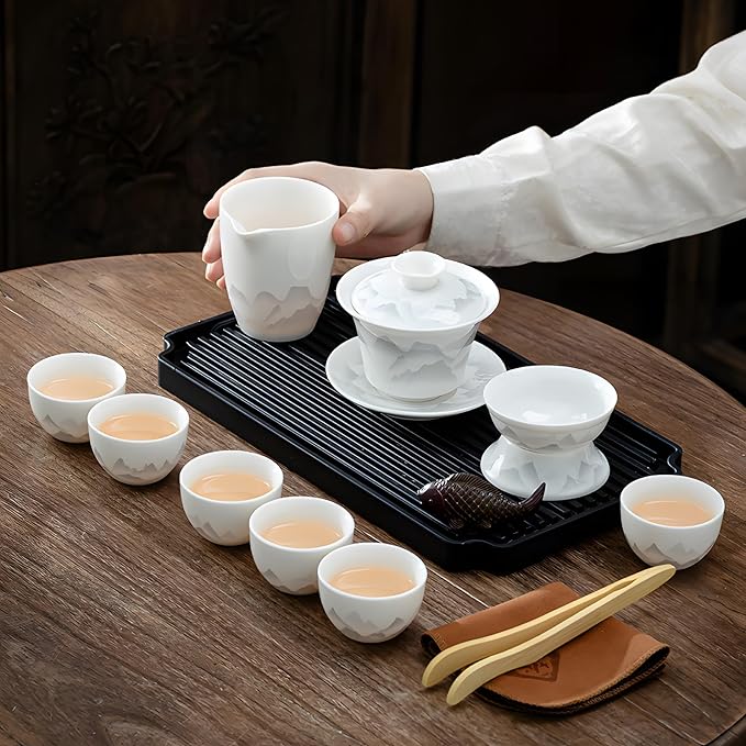 ICHAG Chinese Tea Set, Gongfu Tea Sets for Adults, China Gaiwan Teaset, 14-Piece Yangzhi Jade (茶具) Porcelain Set with Suspended Gaiwan & Tea Pet, Portable Travel Teaset for Home, Outdoor, Office Gifts - Bloomnest