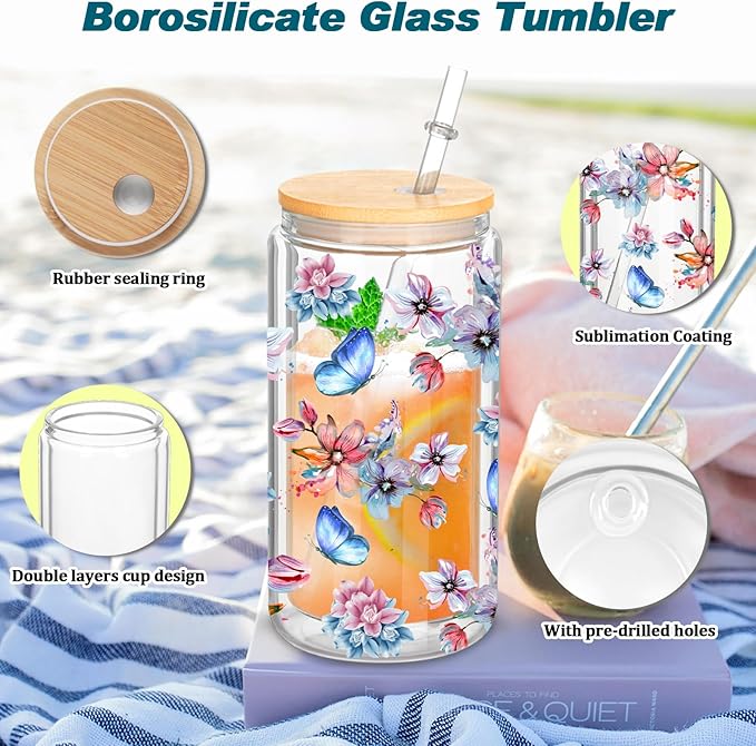 8 Pack 16 Oz Sublimation Snow Globe Tumbler, Snow Globe Cups with Pre Drilled Hole, Double Wall Beer Can Glass Mason Jar Mug with Bamboo Lids and Straws for Snowglobe DIY - Bloomnest
