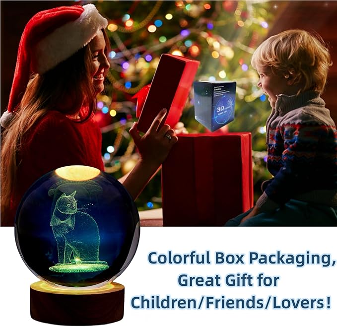 Cat Crystal Ball Lamp, 3.15 inch 3D K9 Crystal Ball Night Light with Wooden Base, 16 Color Change with Remote Control - Bloomnest