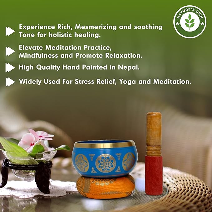 Nature's Own Tibetan Singing Bowl Set- Easy to Play- Meditation Sound Bowl Handcrafted in Nepal for Yoga, Mindfulness, Chakra Healing, Stress Relief- Spiritual Gifts for Women and Men (3.5 Inch, Blue) - Bloomnest