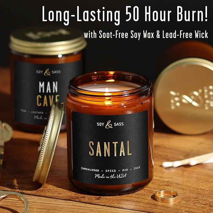 Santal Candle - Sandalwood Candles I Scented Black Candles for Men or Women - Sandalwood, Spices & Leather Soy Wax Mens Candle -Infused w/Essential Oils | Long 50Hr Burn, 9oz I Non Toxic I Made in USA - Bloomnest