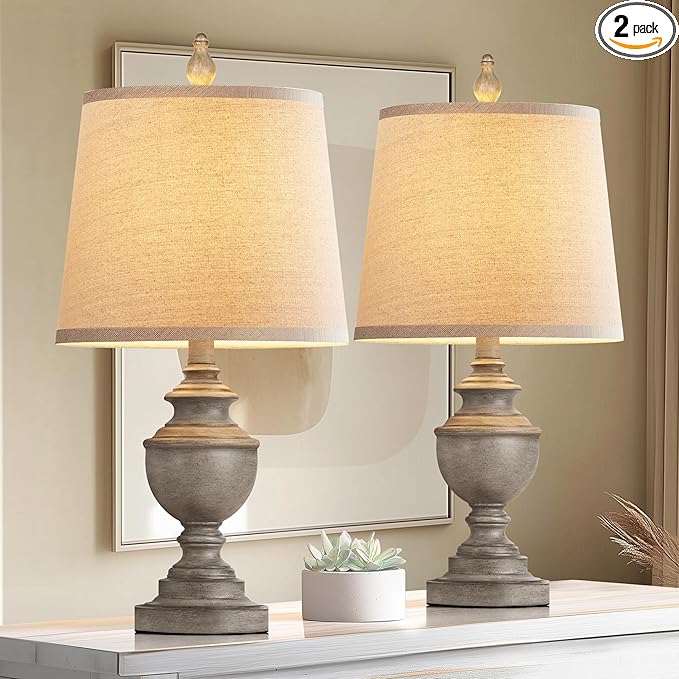 PARTPHONER Retro Table Lamps Set of 2, Bedside Lamp for Bedroom Rustic Farmhouse Table Lamps for Living Room, 22" Vintage Nightstand Lamps with White Shades, Antique Grey - Bloomnest