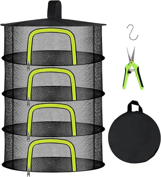 4 Layer Herb Drying Rack, Hanging Mesh Net, Foldable Plant Drying Rack With U-Shaped Zipper, Garden Trimming Shears and Hooks, For Drying Herbs Plants, Fruits, Seafood, Clothing(4 Layers-23.62'') - Bloomnest