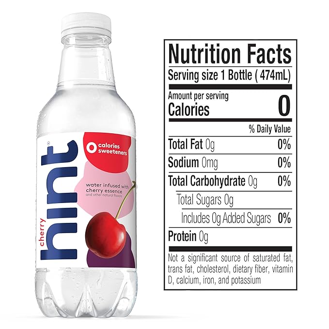 Hint Flavored Bottled Water, Cherry - Purified Water Beverages with Zero Calories, Natural Flavors, and Sugar Free - 16 Fl Oz (Pack of 12) - Bloomnest