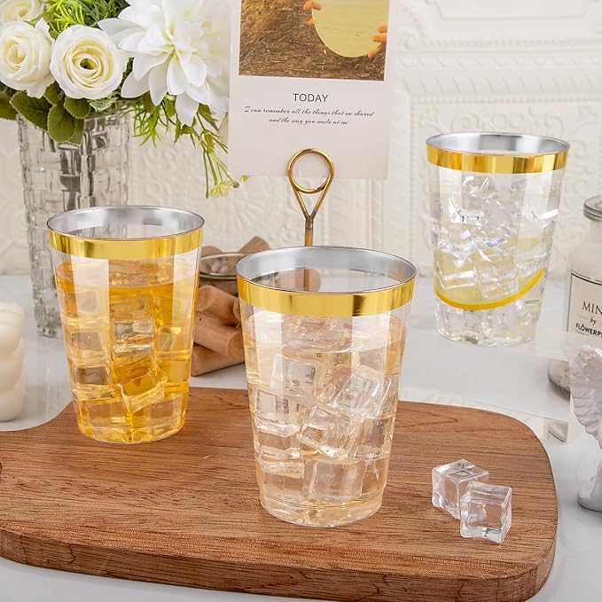 I00000 200 Pack 12 oz Gold Plastic Cups, Clear Disposable Cups, Disposable Plastic Wine Glasses Cocktail Glasses Premium Cups with Gold Rim, 12 Ounce Tumblers for Party & Wedding - Bloomnest