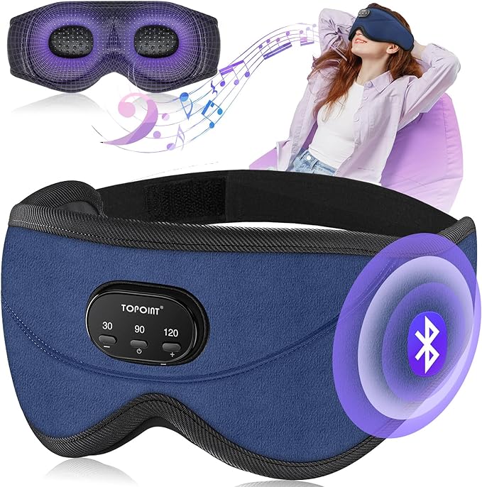 TOPOINT Sleep Mask with Bluetooth Headphones, 3D Eye Mask for Sleep Headphones with White Noise, Total Blackout, 5.4 Bluetooth, Timer, 15 Hours for Women Men, Travel, Meditation, Nap, CPAP Users - Bloomnest