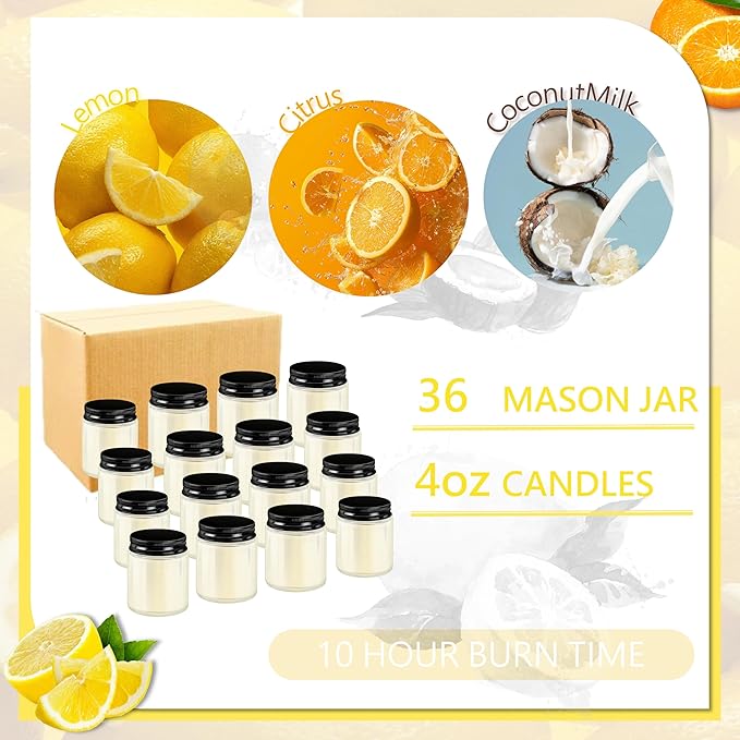 ACITHGL 36 Pcs 4oz Mini Mason Jar Candles Small Scented Candles Bulk Aromatherapy Ideal Souvenir Favors for Wedding Birthday Party (Lemon, Citrus, Coconut Milk, Black) - Bloomnest