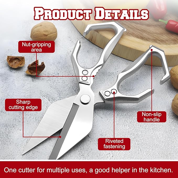 Multifunctional Heavy-Duty Kitchen Shears, Heavy Duty Kitchen Scissors for Food with Ergonomic Handle,Stainless Steel Culinary Shears for Chicken Meat Seafood Bone Cutting,Cooking Accessories(Sliver) - Bloomnest