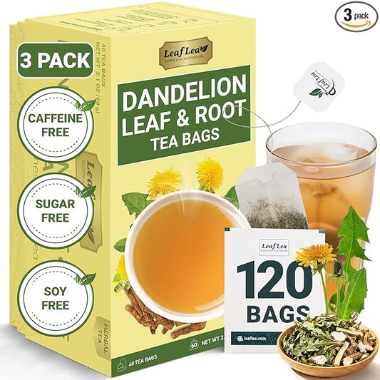 LeafLea 120 Dandelion Root and Leaf Tea Bags, Premium Dandelion Herbal Tea, Natural Dandelion Root Tea Blend with Leaves, Caffeine-Free, Te de Diente de Leon, Pack of 3 - Bloomnest